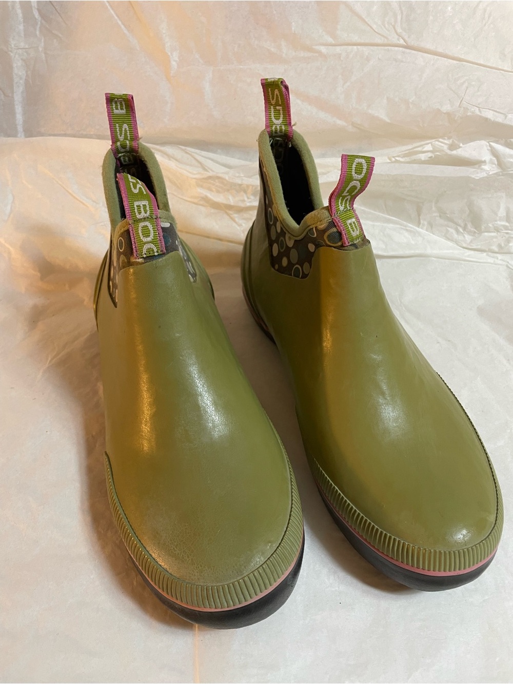 Bogs Olive Green Slip-On Rain Boots with Pink Pull Tabs